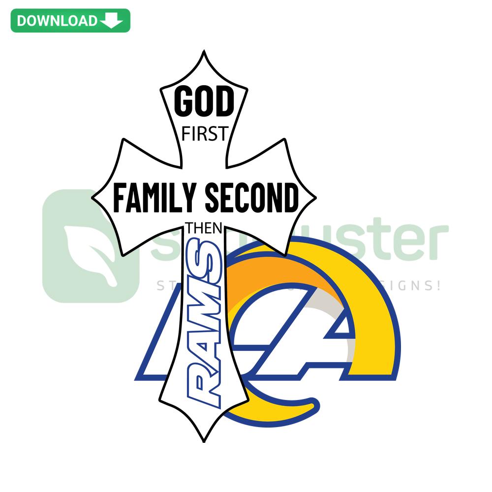God First Family Second Then Rams SVG design featuring a decorative text layout, perfect for home decor projects.