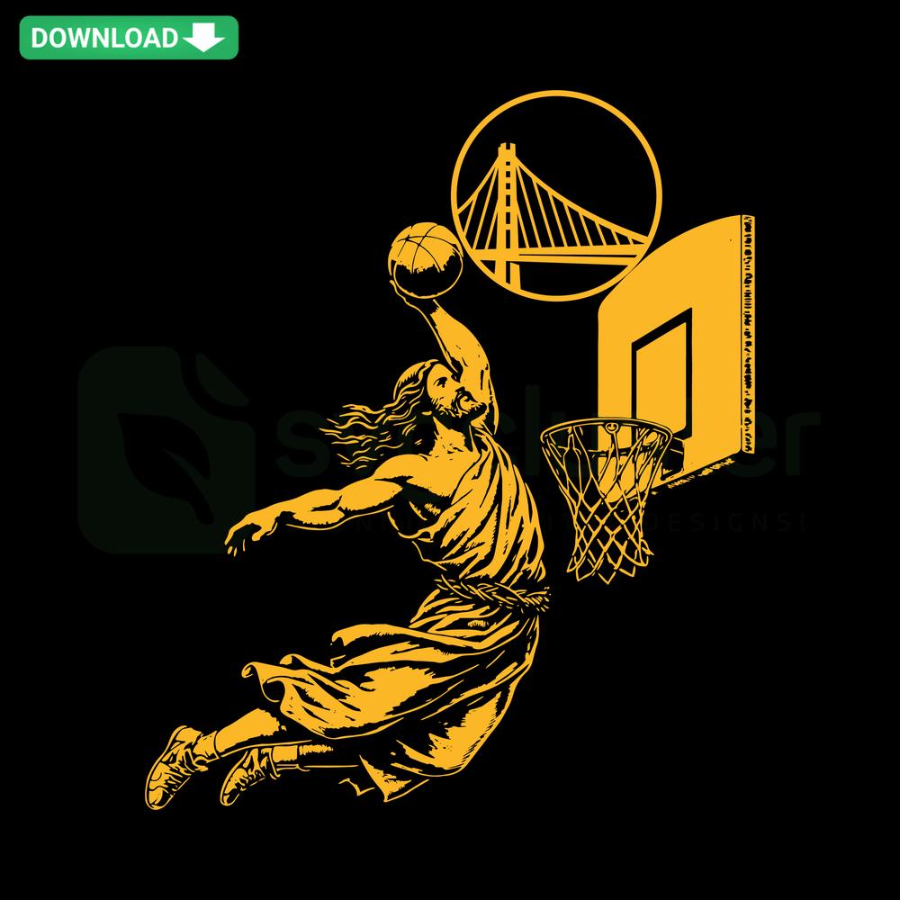 Jesus playing basketball in Golden State Warriors jersey SVG, Cricut-ready, instant download, fun religious sports design.
