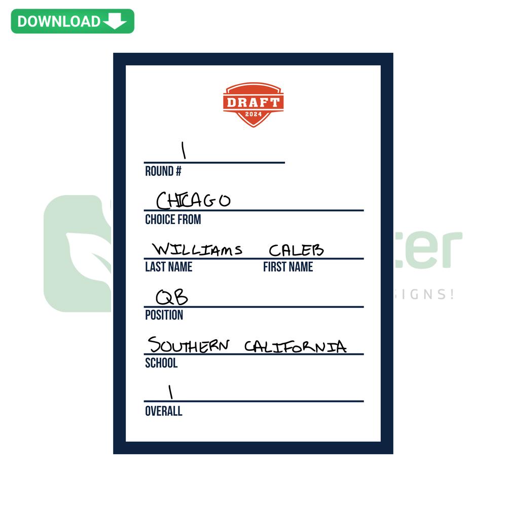 Chicago Draft Card 2024 NFL Football SVG, Vector Design; digital sports graphic with player silhouette, team logos, stadium.