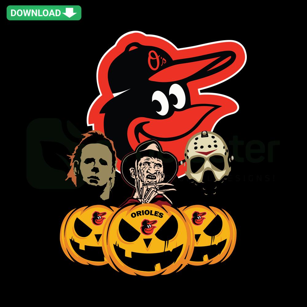 Baltimore Orioles Halloween Pumpkin SVG: Spooky horror movie-themed design, perfect for Halloween crafts and decor.