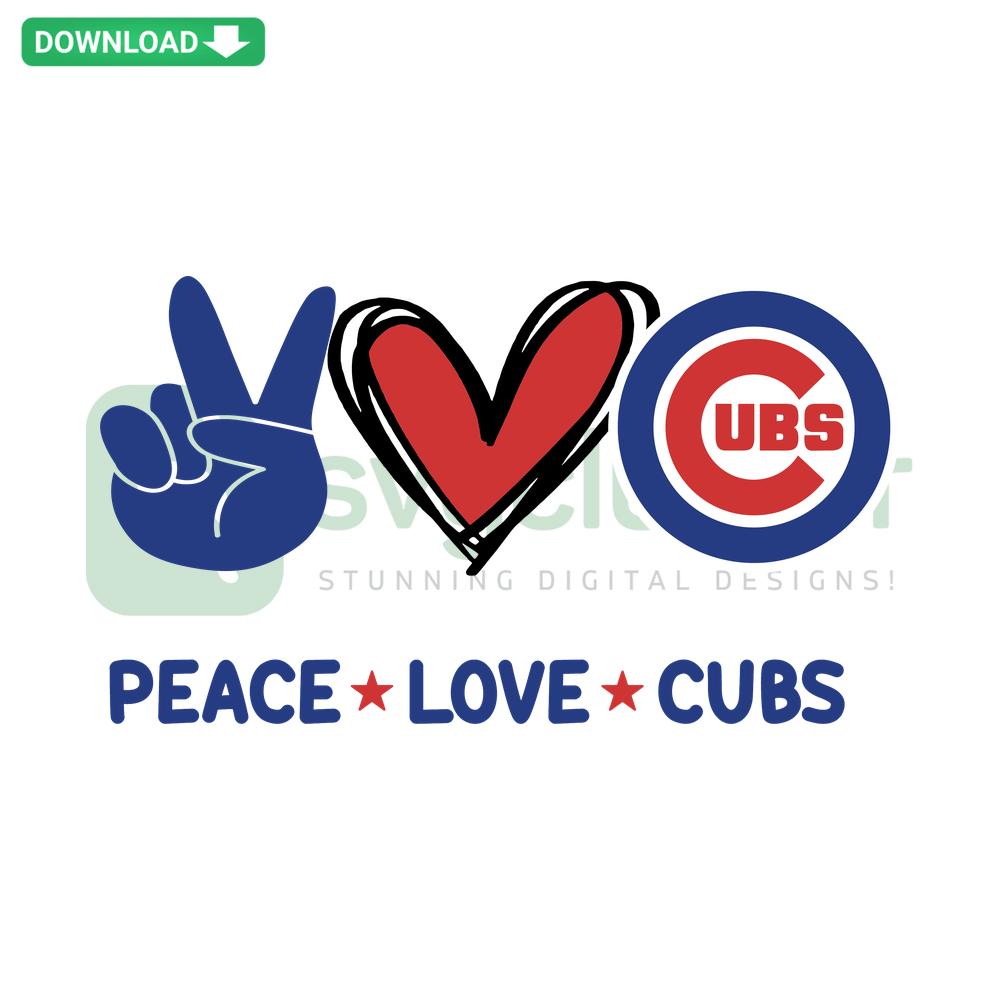 Peace Love Cubs SVG with heart, peace sign, Cubs logo; perfect for crafting T-shirt designs. Downloadable SVG file.