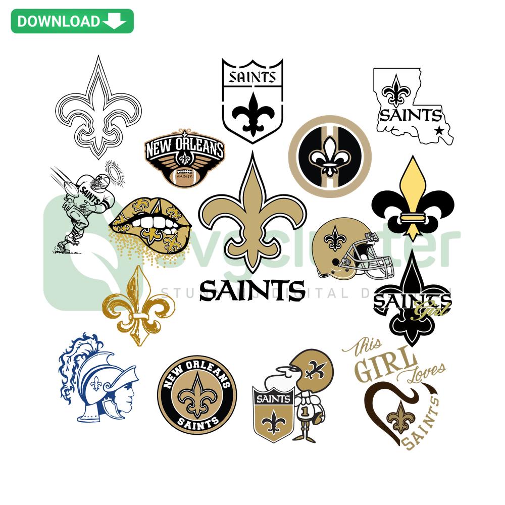 New Orleans Saints Football Bundle: NFL Team SVG, Printable Files featuring team logo and fleur-de-lis design.