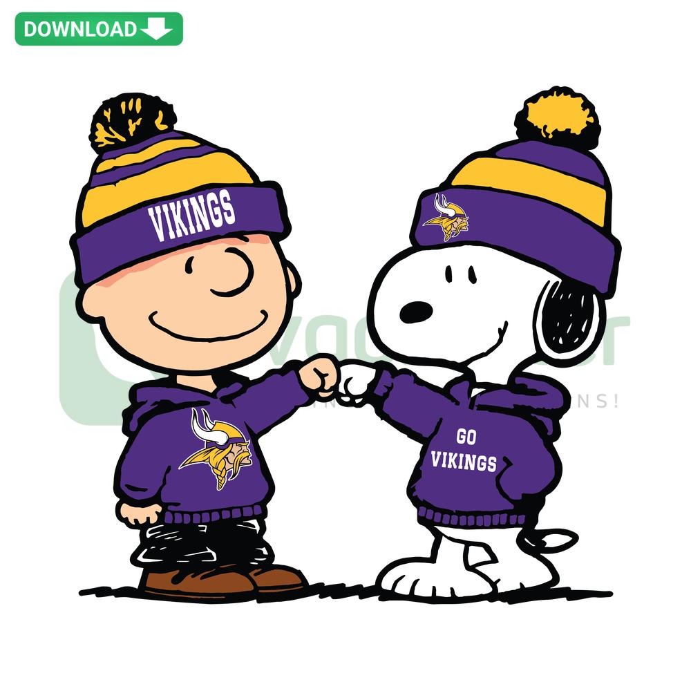 Charlie Brown and Snoopy wearing Minnesota Vikings gear, football-themed SVG design, instant download file