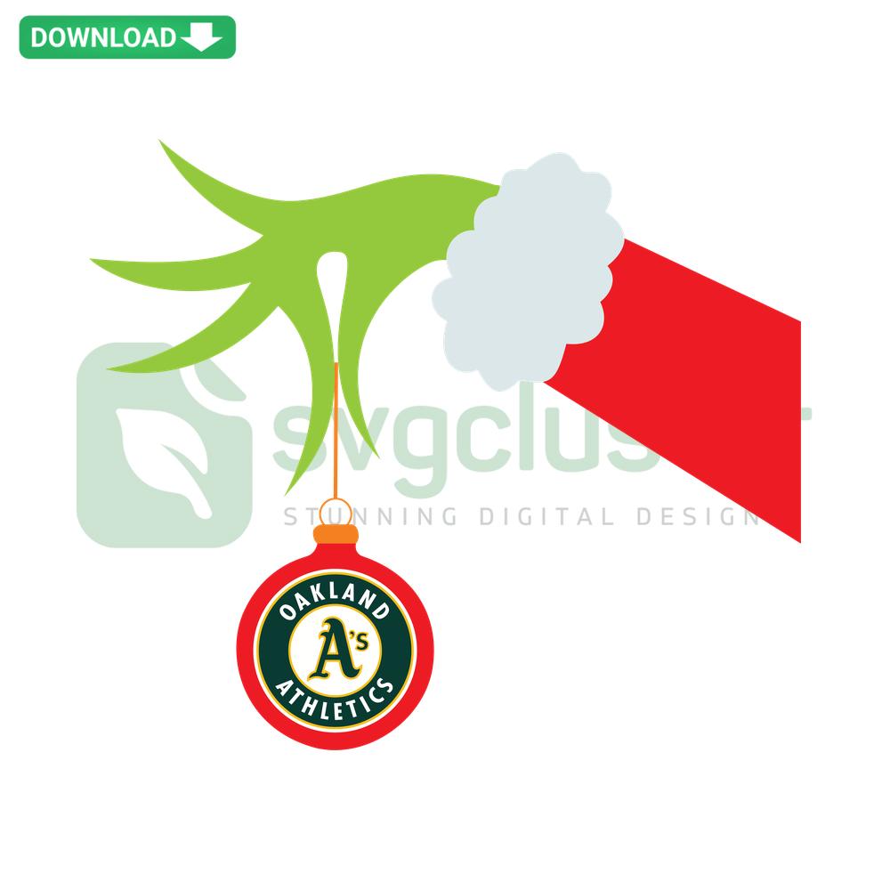 Grinch Hand Holding Baseball Ornament, Oakland Athletics Christmas SVG Design for Designers, MLB Team SVG Resources