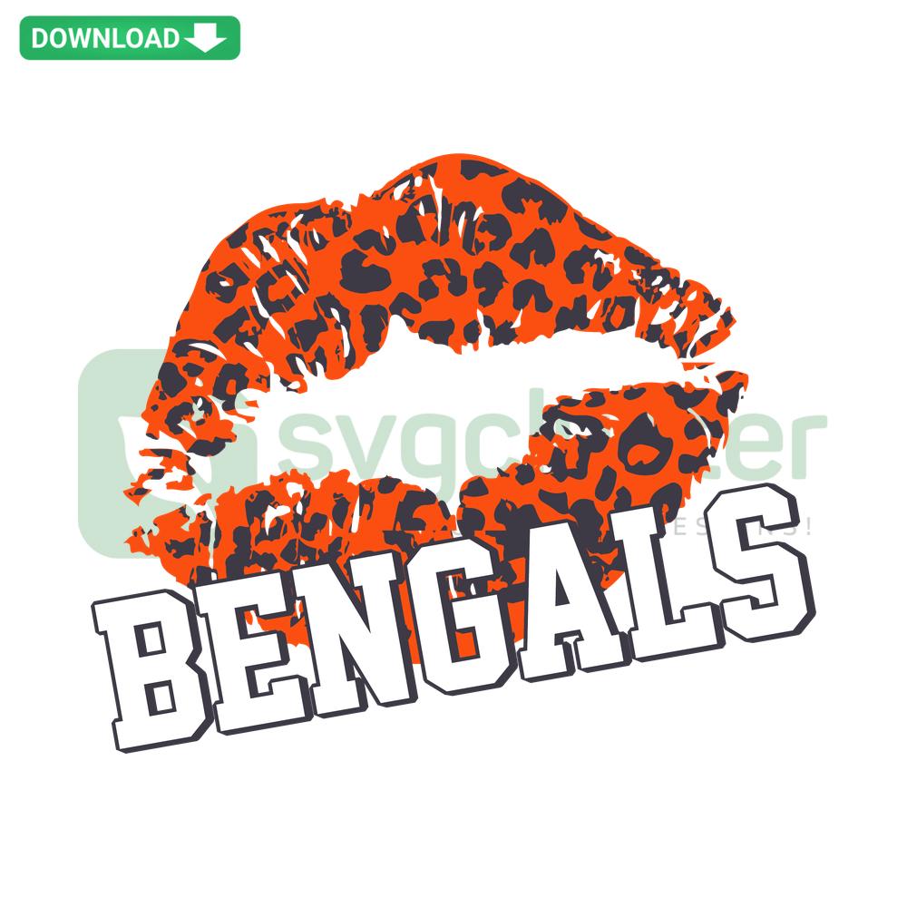Leopard-patterned lips with Cincinnati Bengals logo, SVG file for commercial use, bold sports design, digital download.