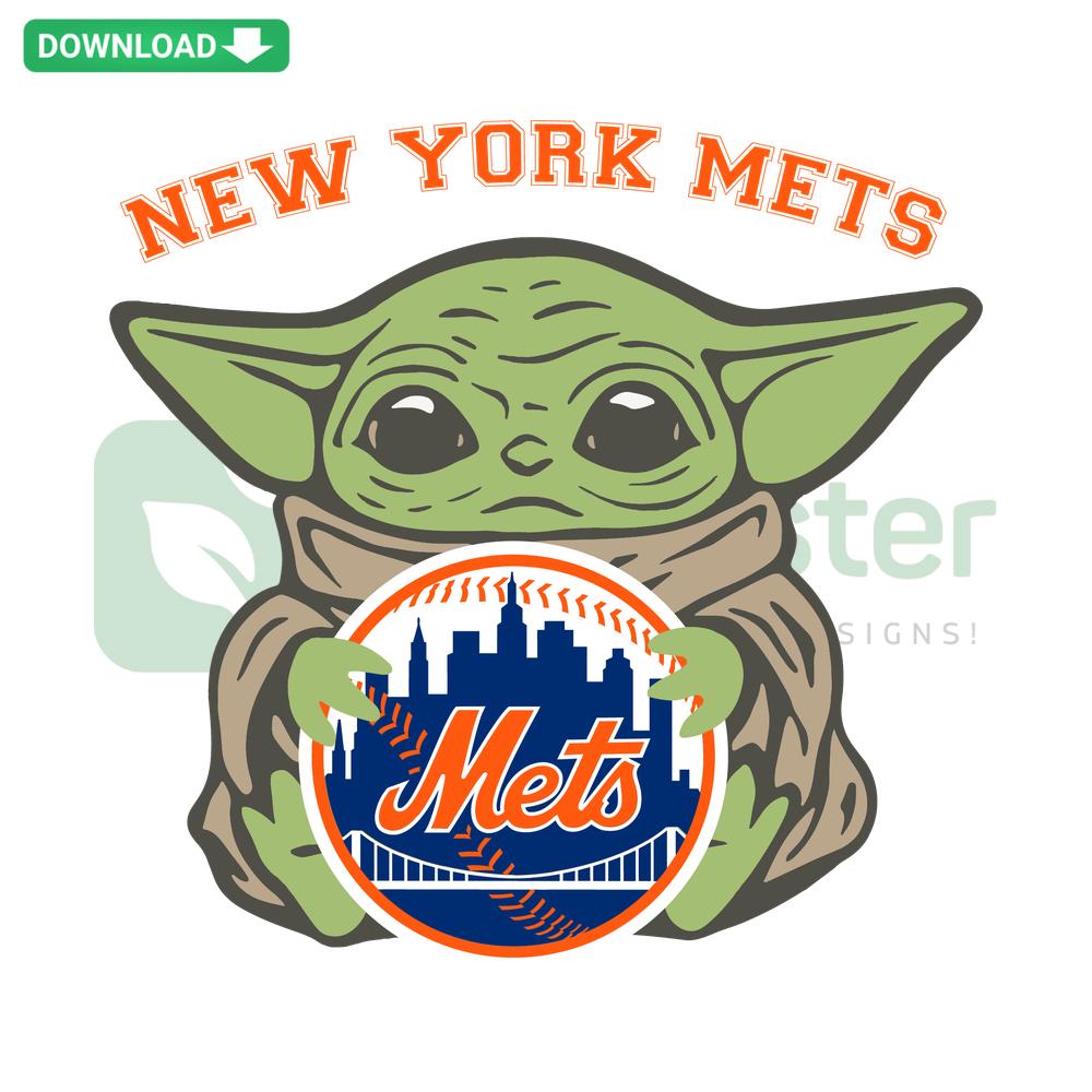New York Mets-themed Baby Yoda SVG, featuring Baby Yoda in Mets gear. Downloadable SVG clip art for fans and crafters.