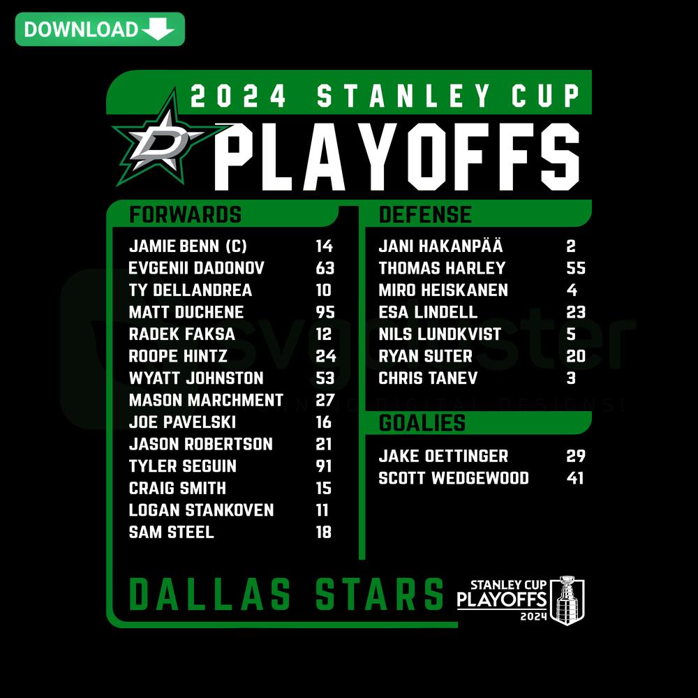 Dallas Stars 2024 Stanley Cup Playoffs NHL Team SVG design for Cricut, featuring team logo and text in green and black.