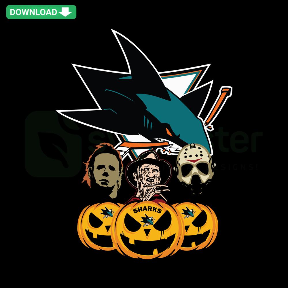 San Jose Sharks Halloween Horror Movie Pumpkin SVG template featuring spooky carved design for cards, fan art, and crafts.
