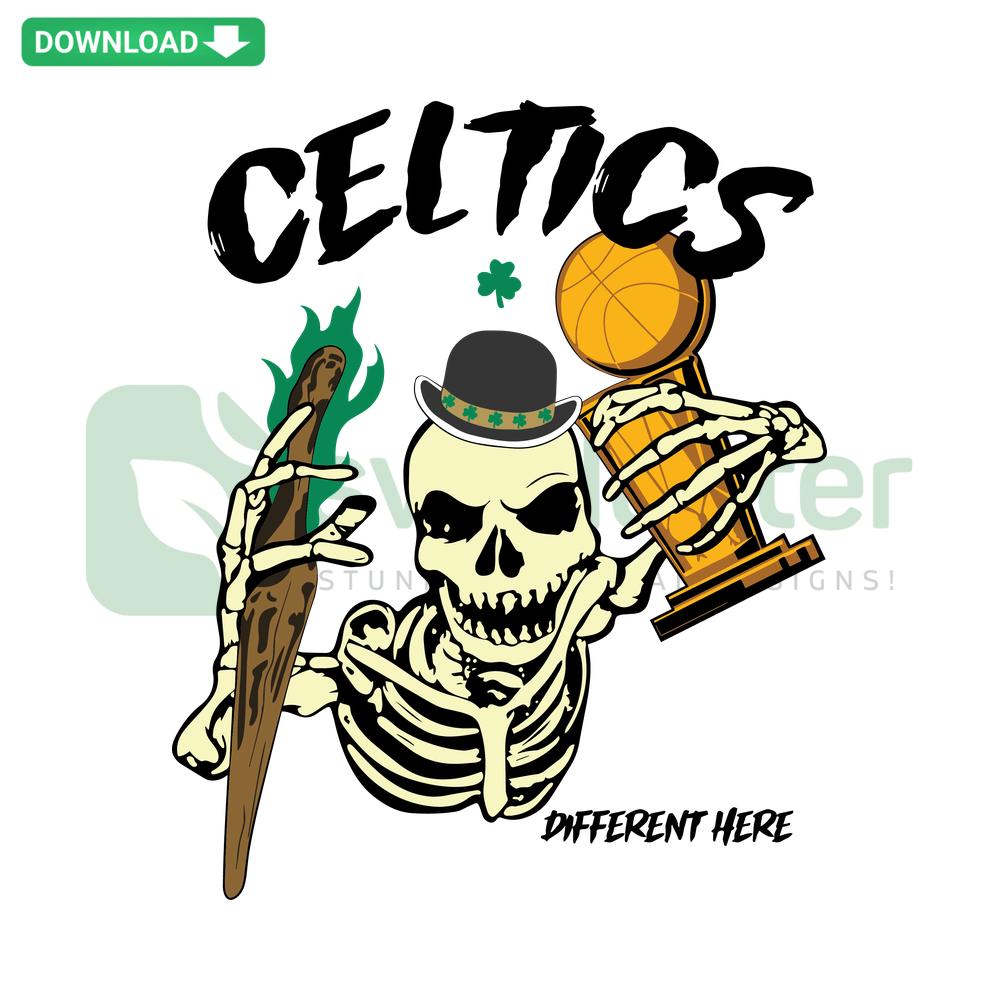 Boston Celtics Championship Skeleton Trophy SVG, vector design featuring skeleton holding trophy, perfect for sports-themed crafts.