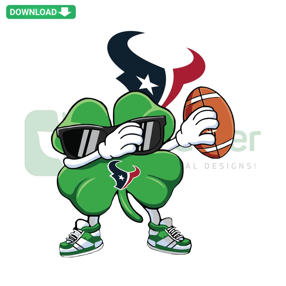 Dabbing Shamrock St Patrick's Day Houston Texans SVG, featuring a shamrock dabbing in team colors, perfect for festive edits.