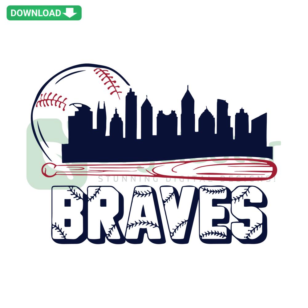Atlanta Braves bat with baseball, Atlanta city skyline, premium SVG download, sports-themed digital graphic for crafting projects.