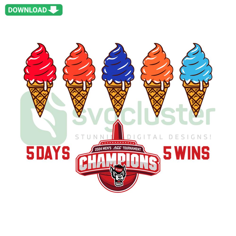 NC State Wolfpack 5 Days 5 Wins Ice Cream SVG, T-Shirt Design, Red & White, Editable SVG File, College Sports Team Logo.