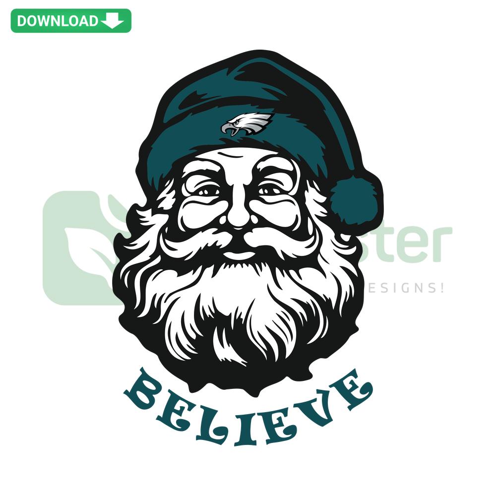 Santa Claus Believe Philadelphia Eagles SVG, Christmas football graphic, digital vector download design.