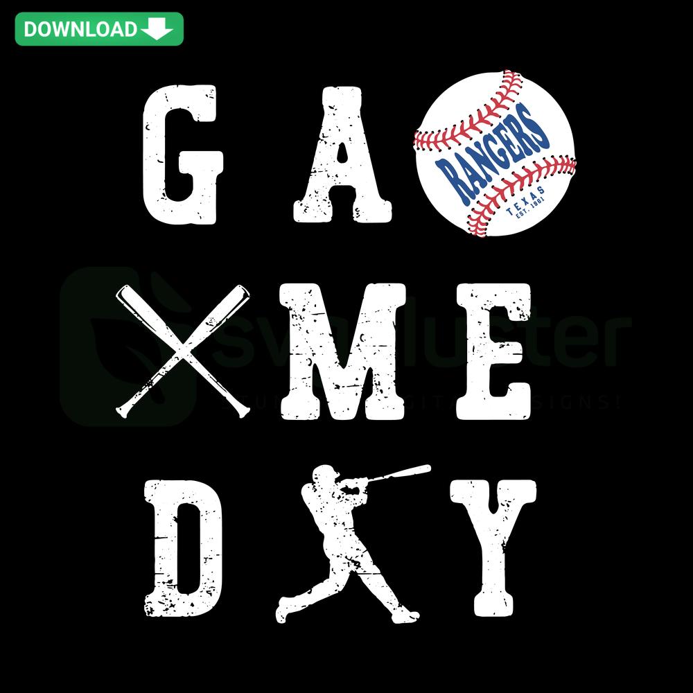 Texas Rangers logo Game Day Baseball SVG, digital download for cards, red and blue design with baseball elements.