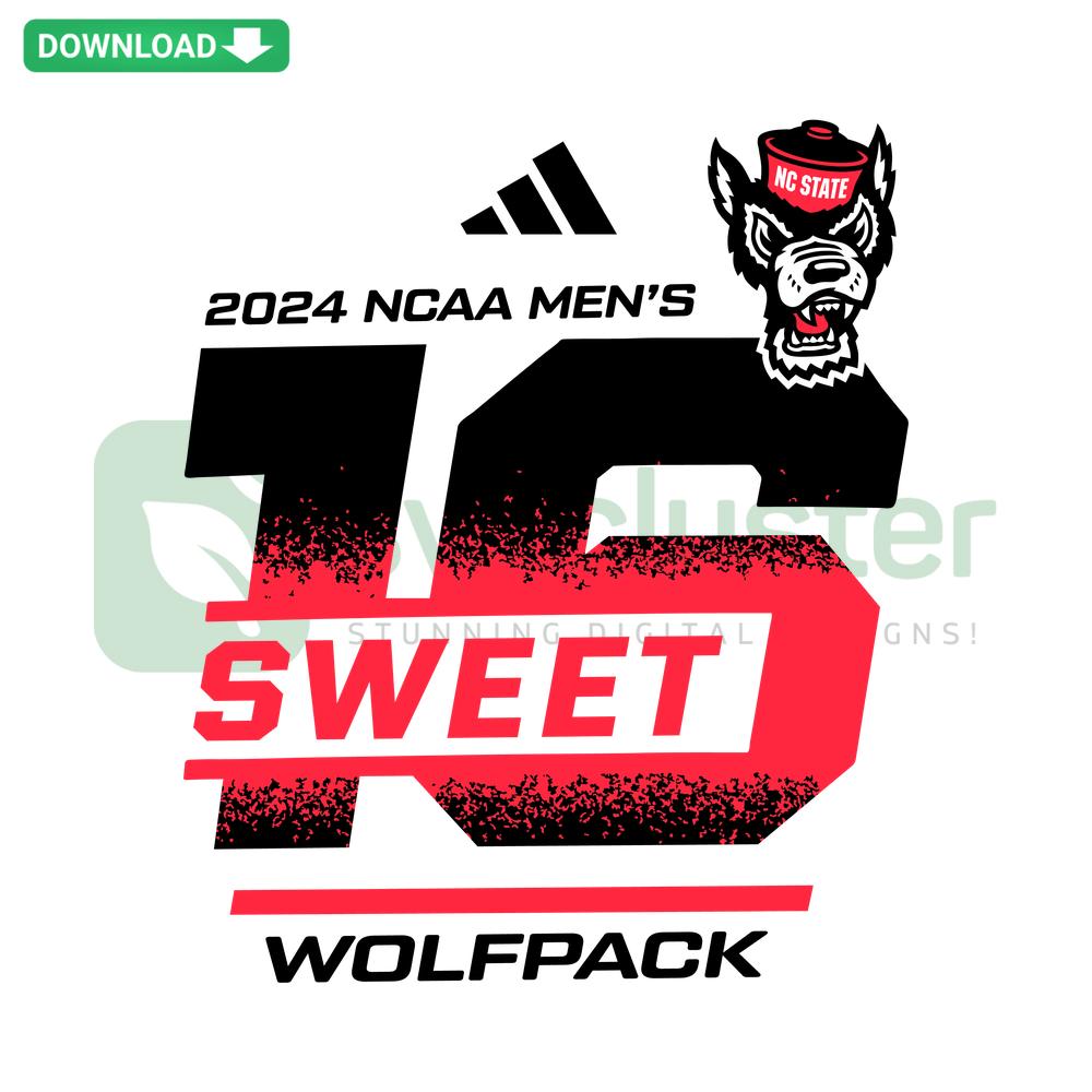 Sweet 16 2024 NCAA Mens Wolfpack SVG, featuring bold text and team logo, vibrant design; perfect for sports fans. Downloadable SVG.
