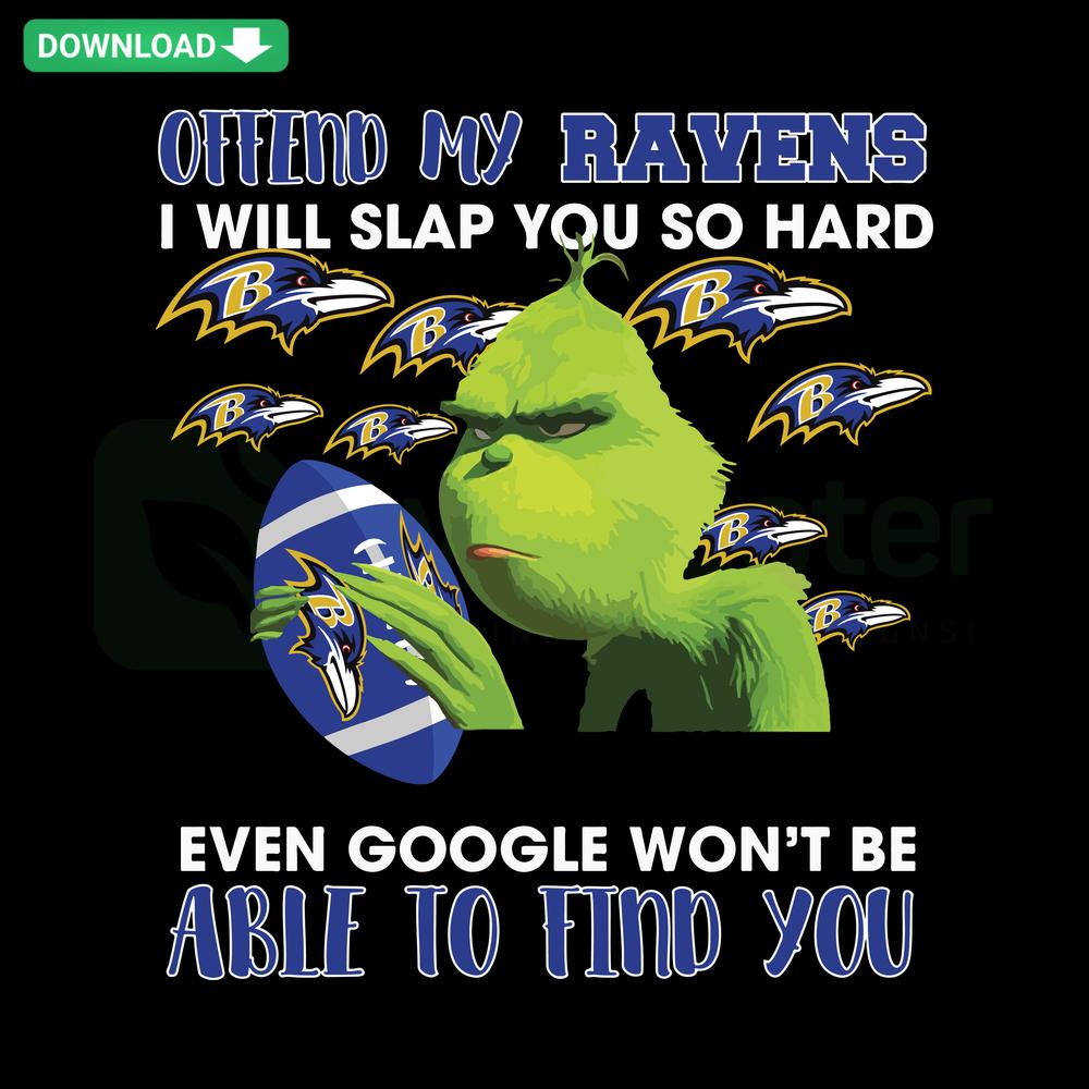Bold text Offend My Ravens I Will Slap You So Hard with raven graphics, SVG cut file, edgy humor design for crafting.