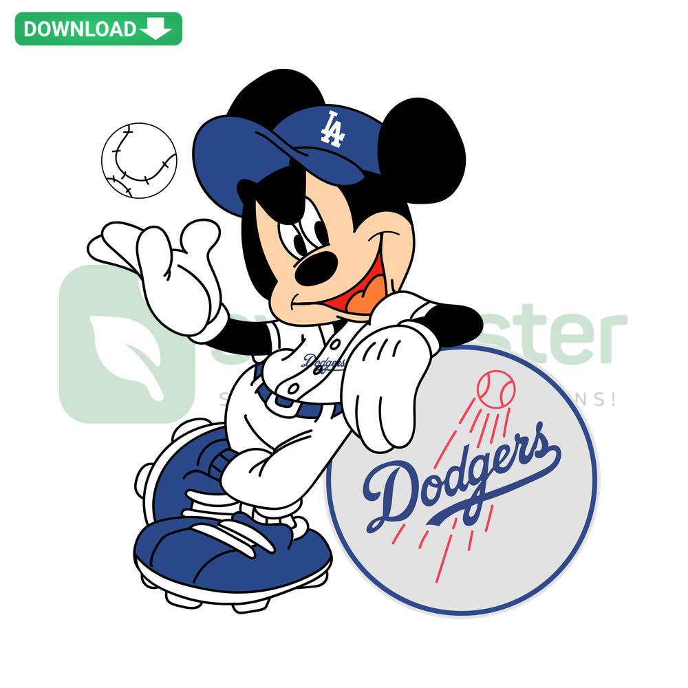 Mickey Mouse LA Dodgers SVG: Iconic Mouse in Dodgers Jersey with Team Logo, Downloadable Vector Graphics.
