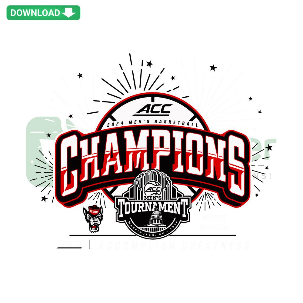 NC State Wolfpack 2024 ACC Champions SVG, bold text with basketball graphic, perfect for crafting and sports fans.