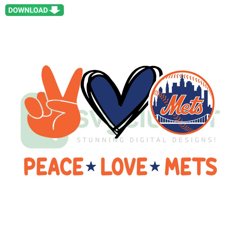 Peace Love Mets SVG Digital Download: Colorful baseball-themed SVG with peace, heart, Mets symbols for designers' resources.