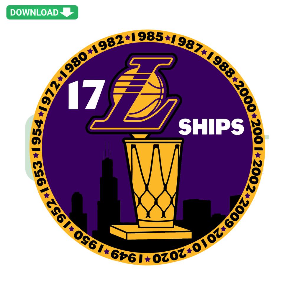 17 Lakers Championships SVG: Gold, purple, white text with 17 stars, NBA logo; ideal for Cricut, vinyl craft designs.