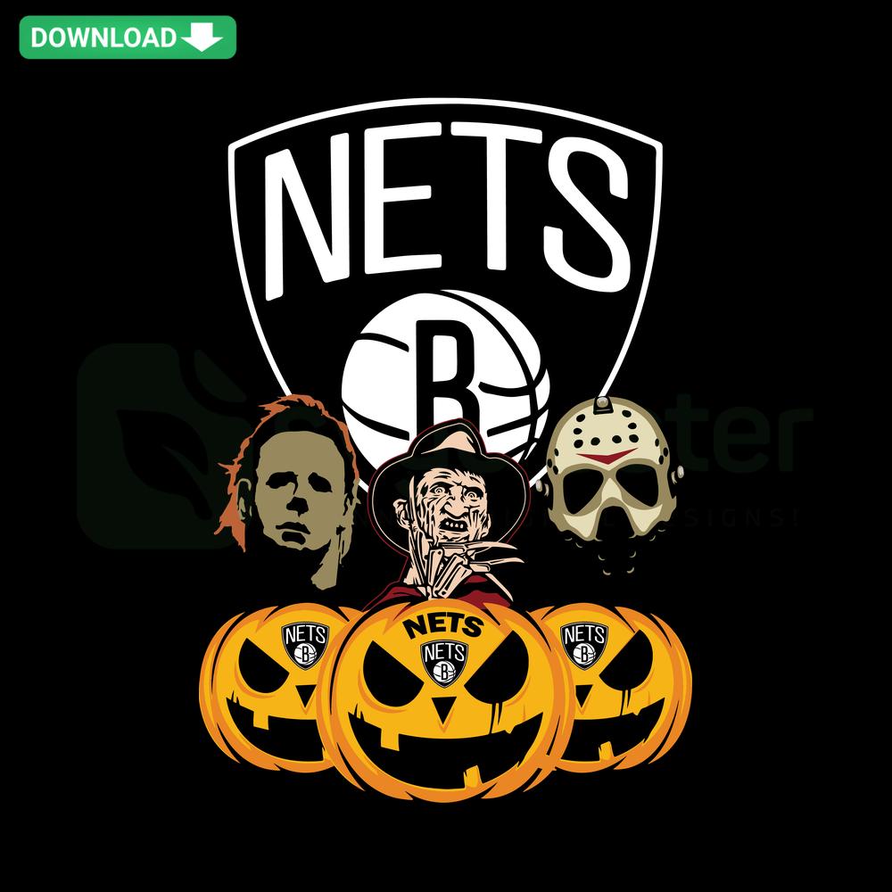 Brooklyn Nets-themed Halloween pumpkin SVG, horror movie style, perfect for crafting; spooky Nets logo design.