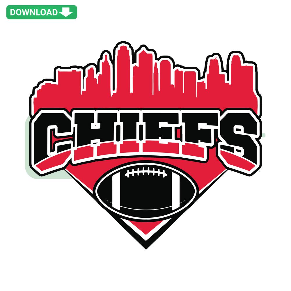 Chiefs City Skyline Football SVG, digital download; features football with skyline silhouette, ideal for Kansas City sports fans.