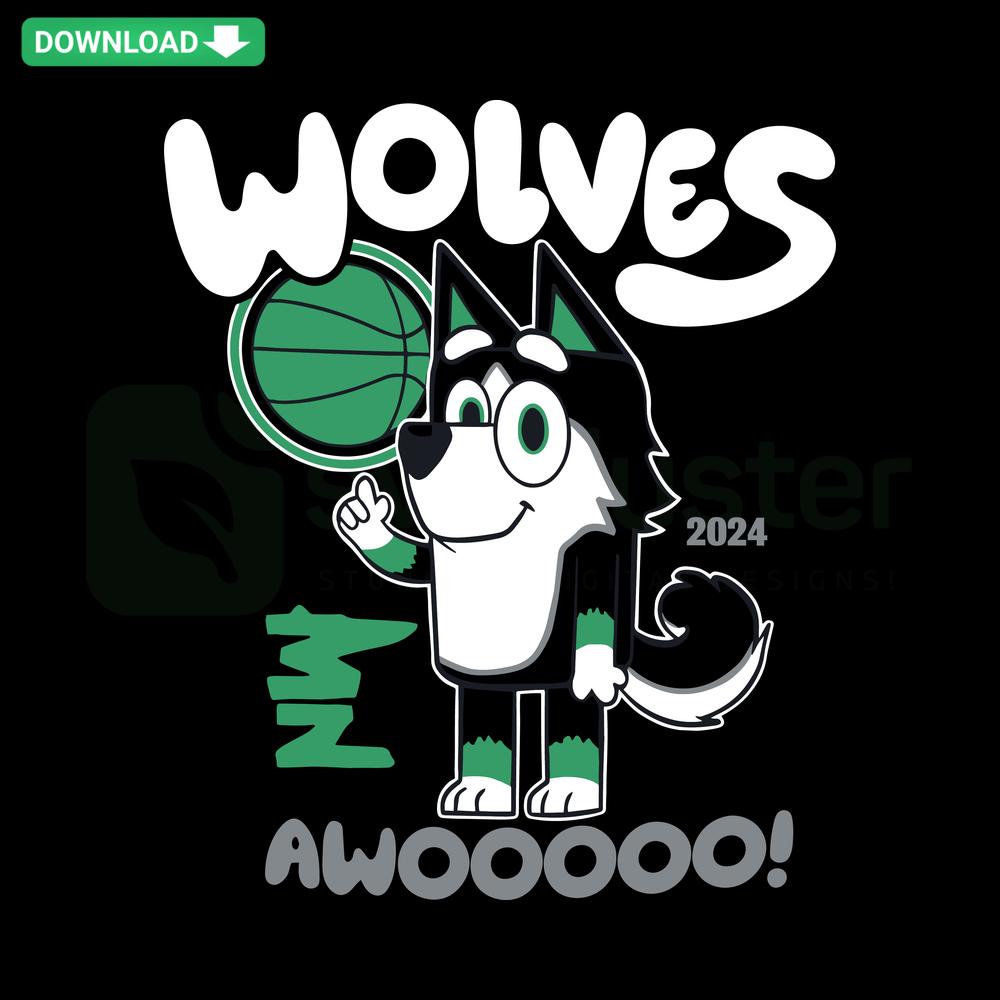 Awooo Wolves x Bluey Minnesota Basketball SVG: Energetic wolf design paired with Bluey-themed basketball elements, SVG file set.
