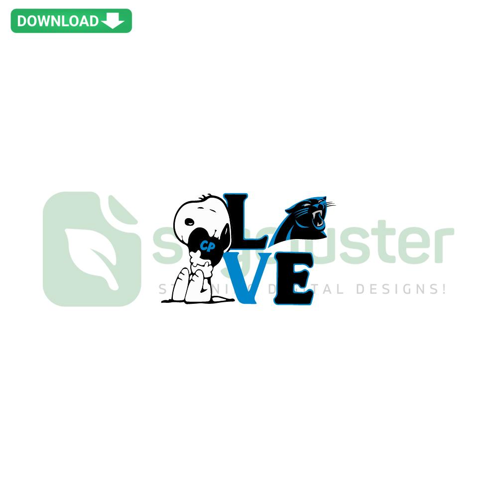Snoopy hugging a Carolina Panthers helmet in SVG design, digital download for crafting; perfect for football fans and crafters.