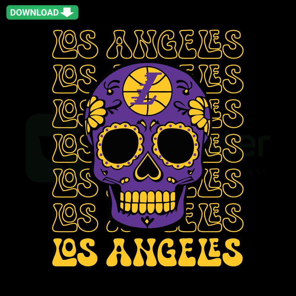 Lakers Sugar Skull SVG: Vibrant Los Angeles Basketball design, perfect for Cricut digital downloads and crafting projects.