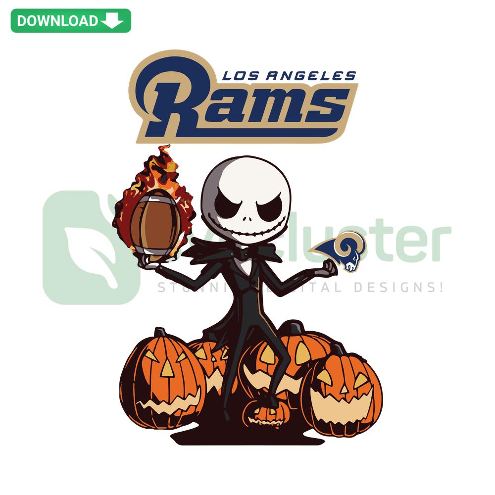 Los Angeles Rams Jack Skellington Halloween SVG, Editable SVG for Cricut, featuring Jack Skellington in Rams colors and logo.
