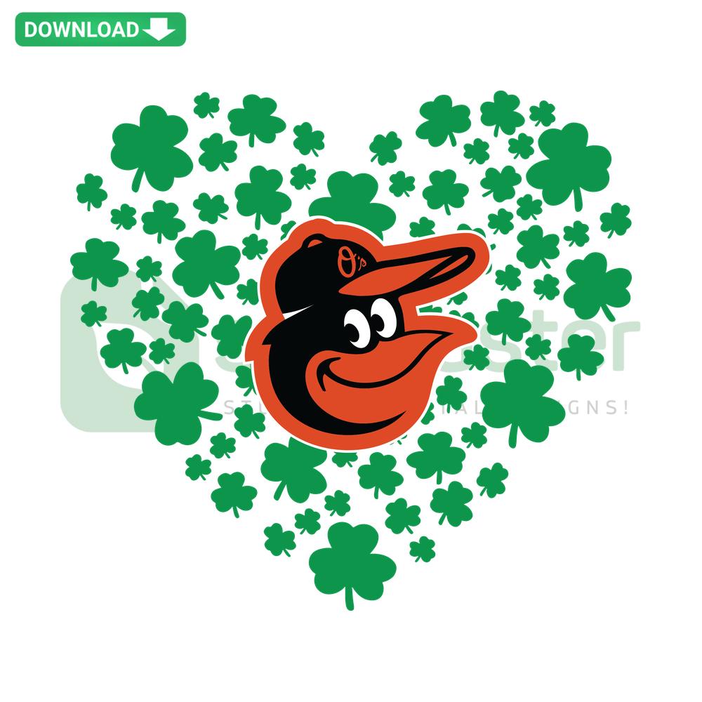 Clover Leaf St Patrick Day Baltimore Orioles SVG featuring green clover with Orioles logo, ideal for festive, sports-themed crafts.