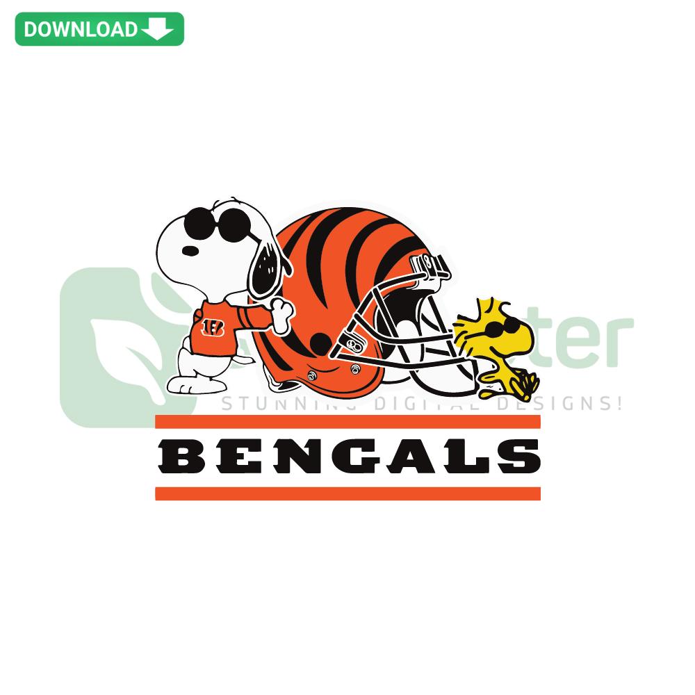 Snoopy and Woodstock in Cincinnati Bengals gear, SVG printable file, NFL football fans, vector graphic design.