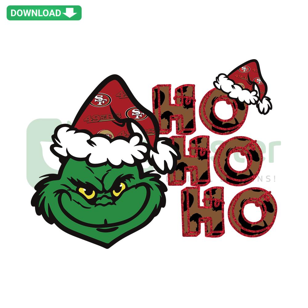 49ers Grinch Ho Ho Ho SVG: Whimsical Christmas design, ideal for digital crafts and decorations. High-res SVG download.