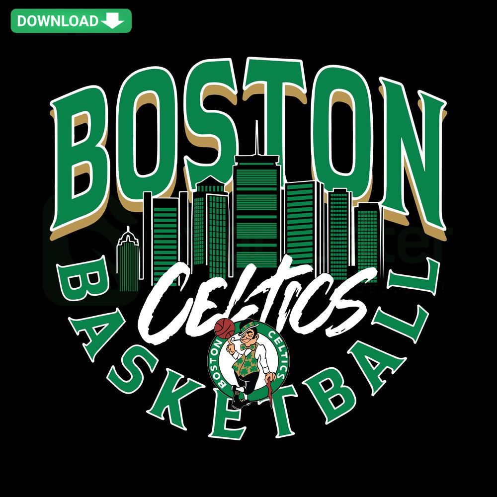 Boston Celtics Basketball Logo Skyline SVG: Unique digital download for wall art, ideal SVG files for Celtics fans.
