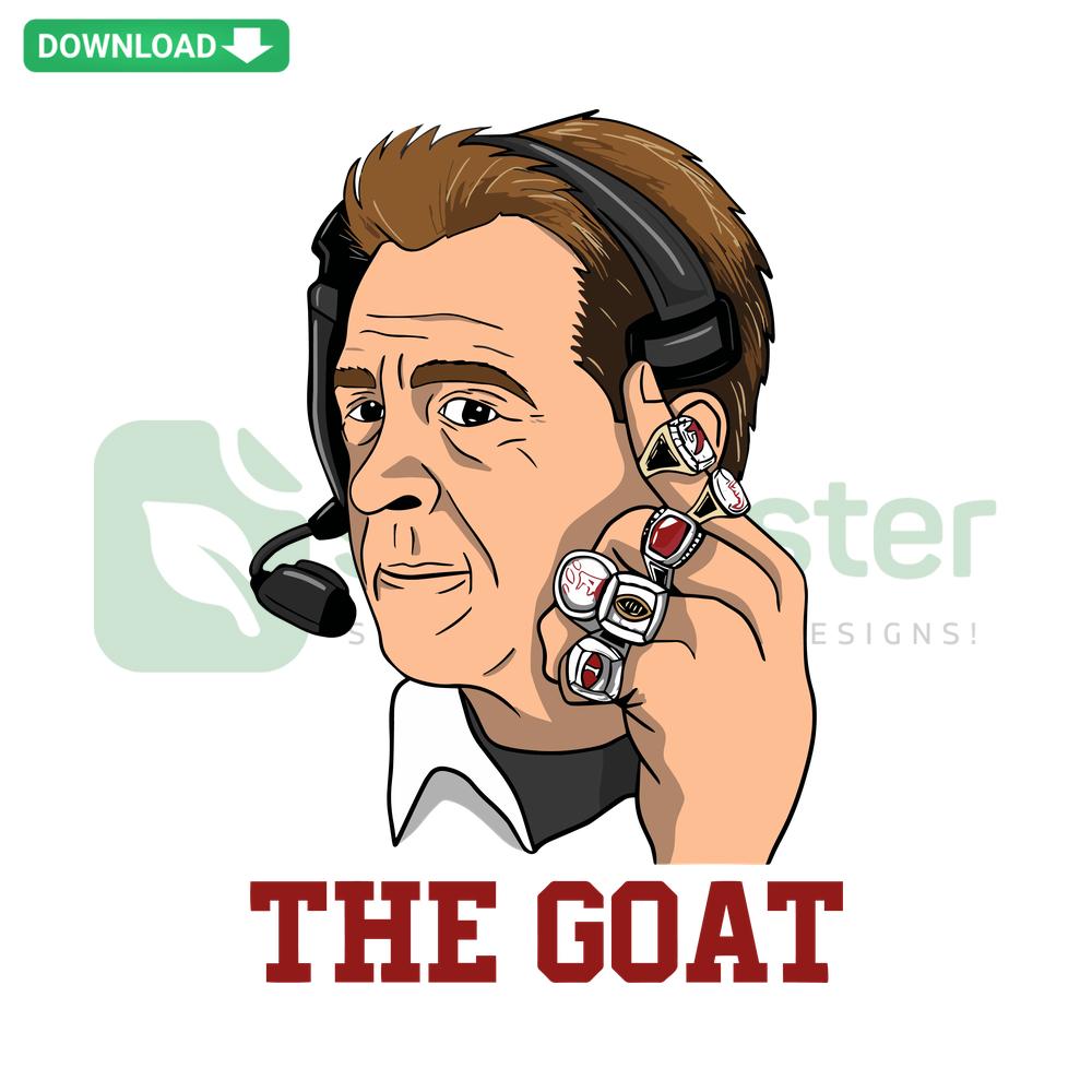 Nick Saban Alabama Football Coach SVG, editable design, featuring The Goat text, ideal for college sports fans and Cricut projects.