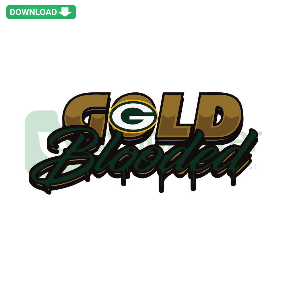 Gold Blooded Green Bay Packers SVG: Bold gold text, Packers logo, designed for Cricut-ready cutting files. Ideal for DIY projects.