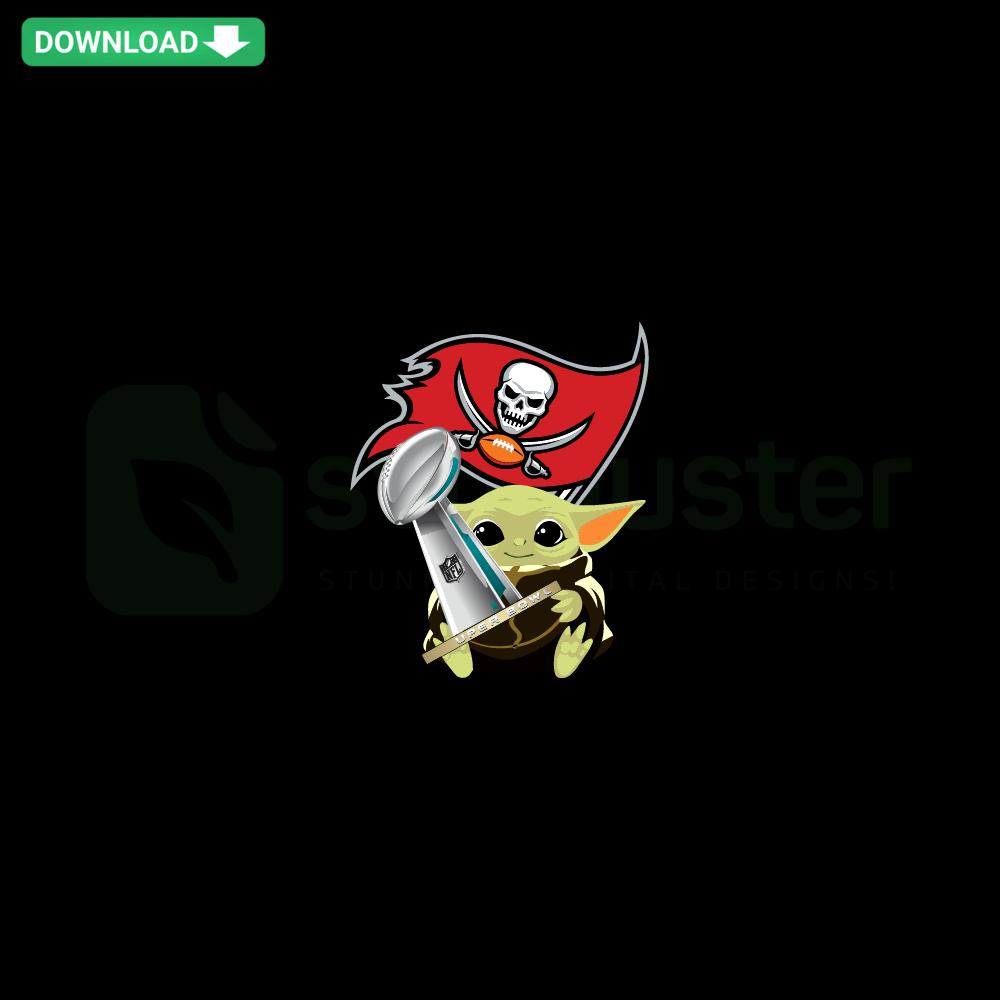 Baby Yoda in Tampa Bay Buccaneers gear celebrating Super Bowl win, SVG download design, perfect for Cricut projects and fan crafts.