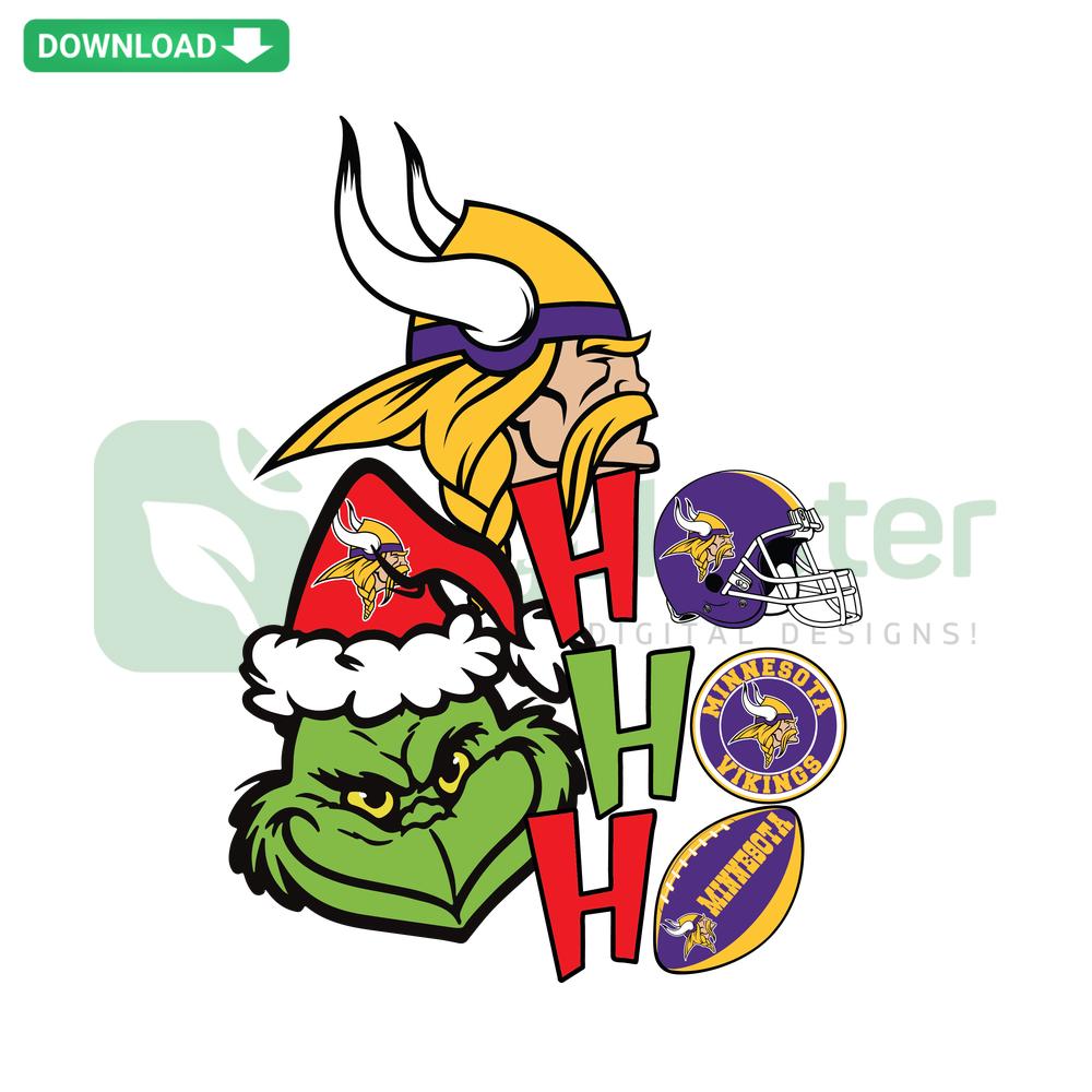 Grinch Ho Ho Ho Minnesota Vikings 1961 SVG with team logo; high-quality, quirky football design for digital download.
