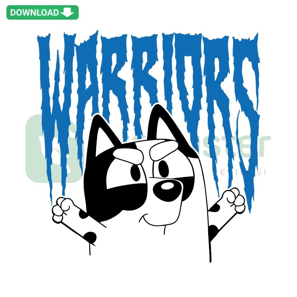 Bluey Muffin Golden State Warriors SVG: Cute blue dog in Warriors jersey, NBA team logo, instant digital download graphic.