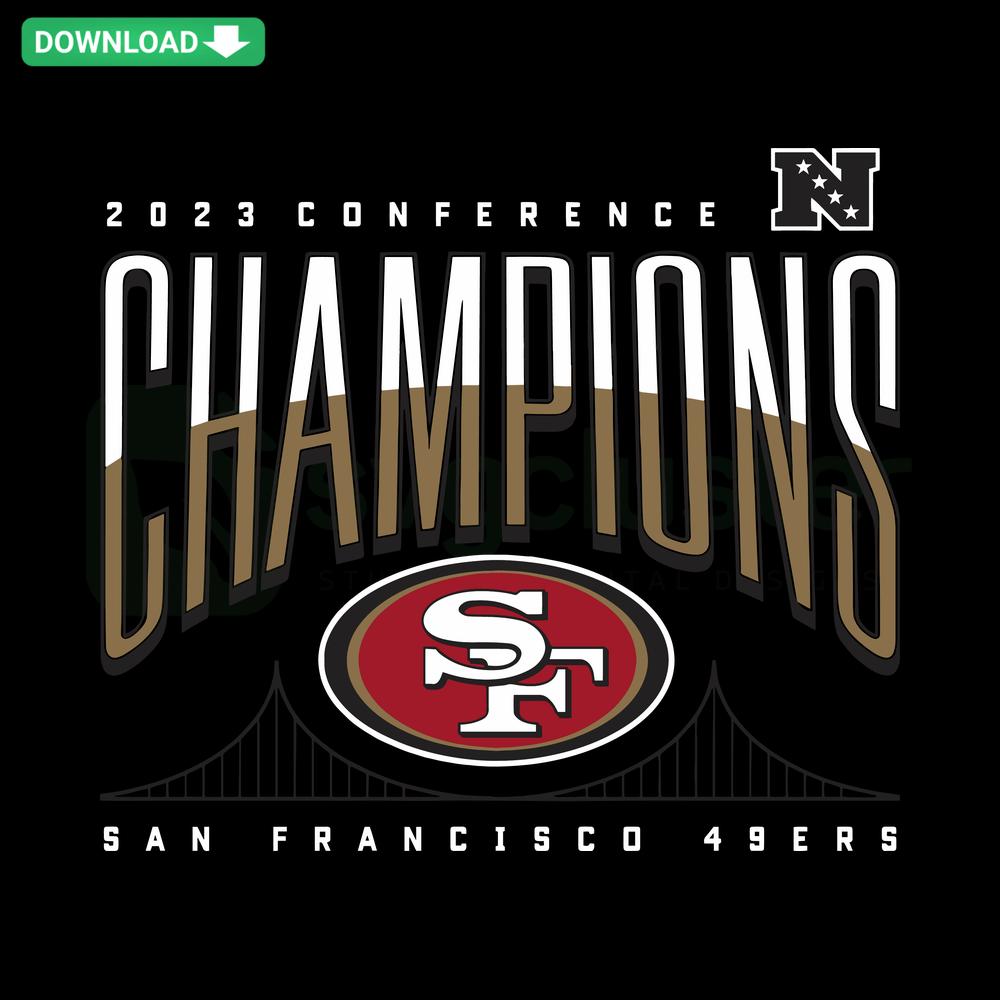 San Francisco 49ers 2023 Conference Champions SVG, ideal for designers, bold red and gold design with football elements.