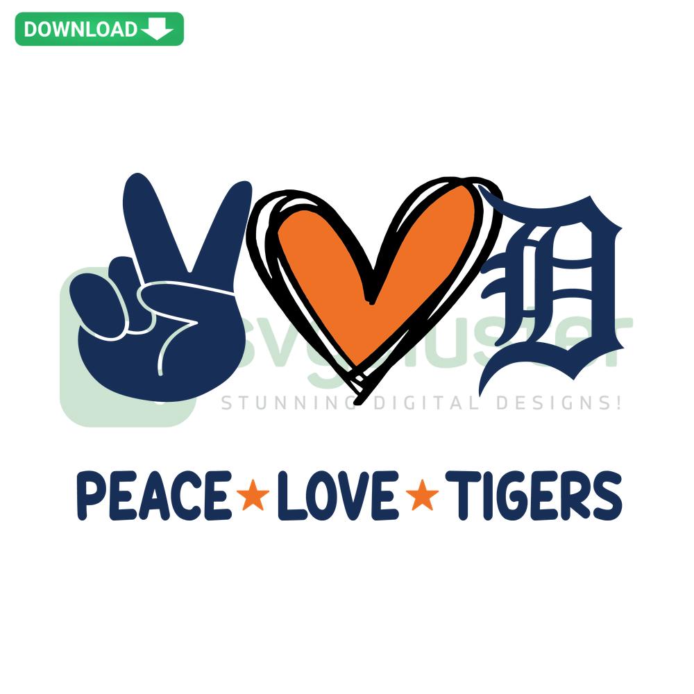 Peace Love Tigers SVG design featuring peace sign, heart, and tiger graphic elements; perfect for crafts and digital downloads.