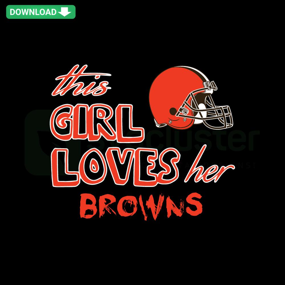Cleveland Browns fan design SVG with heart and football elements, ideal for Cricut projects, reads: This Girl Loves Her Cleveland Browns.