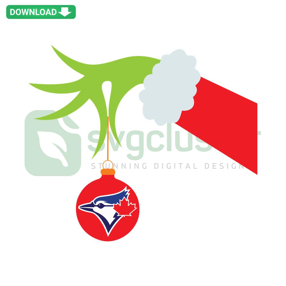 Toronto Blue Jays Grinch Hand Christmas SVG, festive design featuring Grinch hand holding Jays logo for holiday wall art decor.