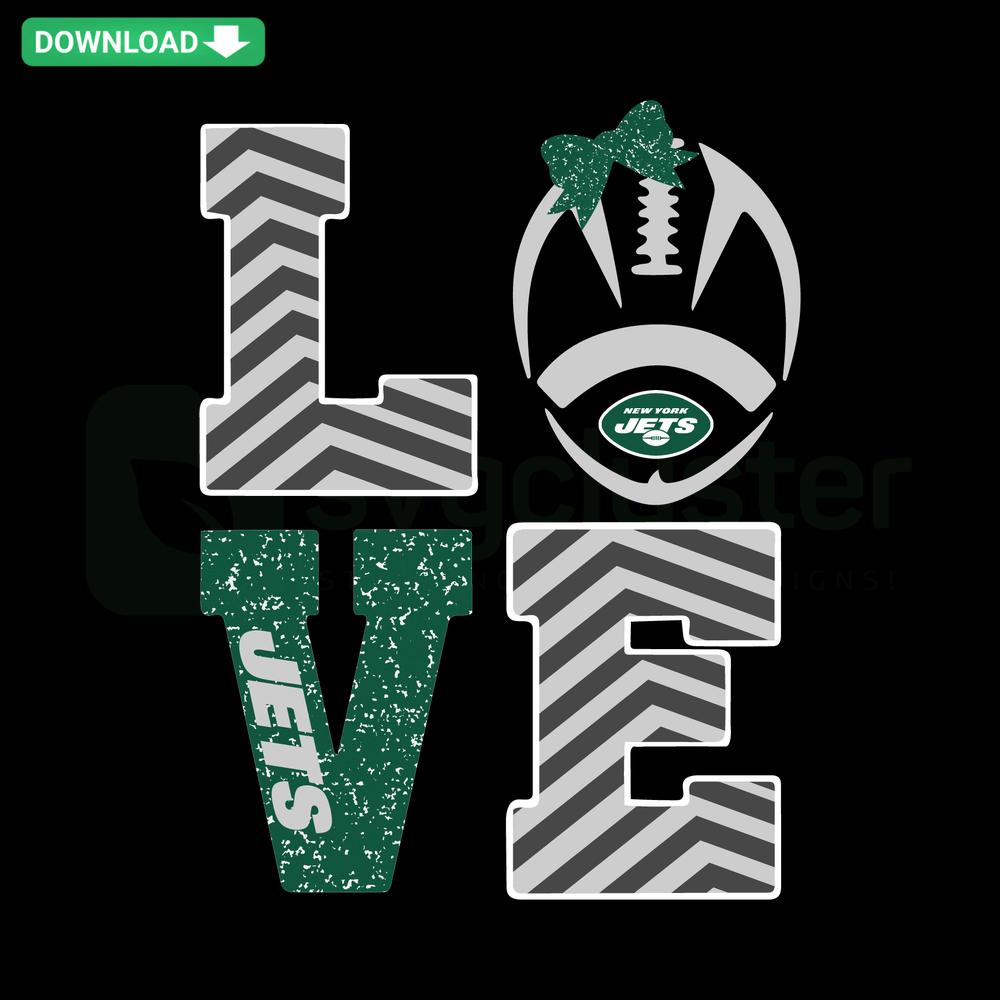 Heart-shaped football with Love Jets text, SVG digital download, printable asset for sports enthusiasts, NY Jets fans.