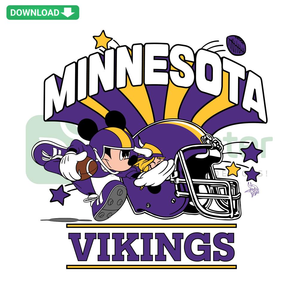 Mickey Mouse in Vikings gear playing football Minnesota SVG; perfect for NFL fans, SVGCluster digital assets, cartoon sports graphic.