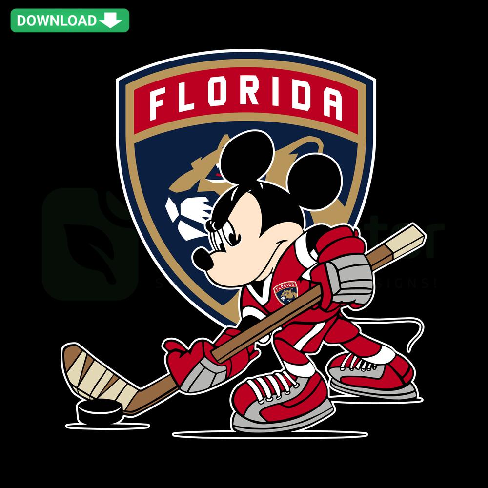 Florida Panthers NHL Mickey Mouse Player SVG Vector Graphic featuring Mickey Mouse in Florida Panthers uniform, downloadable design.