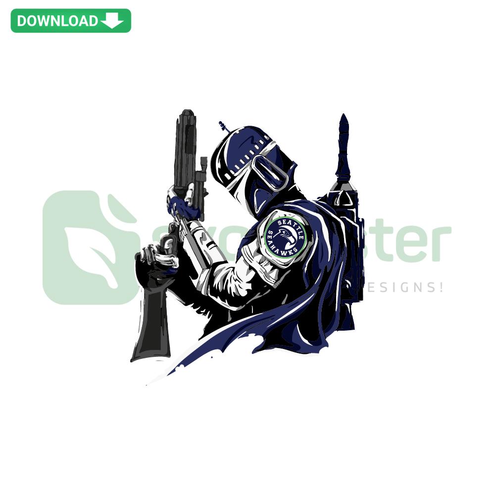 Mandalorian Seattle Seahawks SVG; helmet design with team colors, unique digital download for SVG images, fan merchandise.