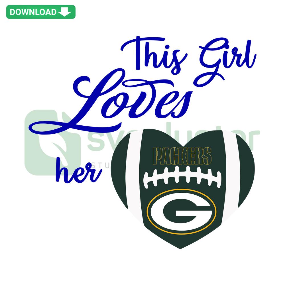 Digital graphic featuring This Girl Loves Her Green Bay Packers with football elements, suitable for instant download SVG.