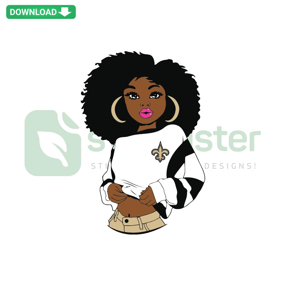 Black Girl New Orleans Saints SVG: Curly-haired woman with team logo, perfect for Cricut projects and crafting enthusiasts.
