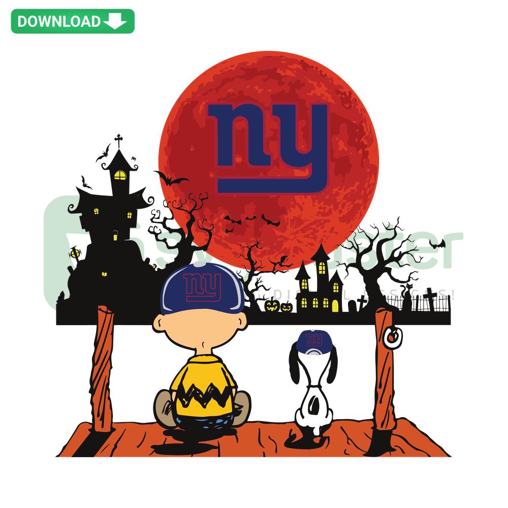 Charlie Brown and Snoopy cheering for New York Giants, SVG design for designers, digital resource for sports-themed projects.